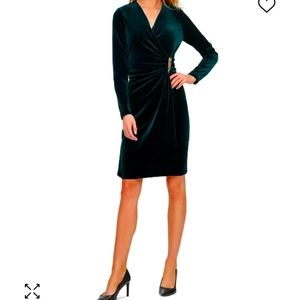 Faux-Wrap Long-Sleeve Velvet Sheath Dress